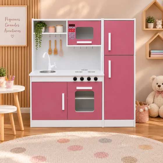 Cozinha Infantil Grande Completa Com Geladeira Pia Fogão Branco/rosa