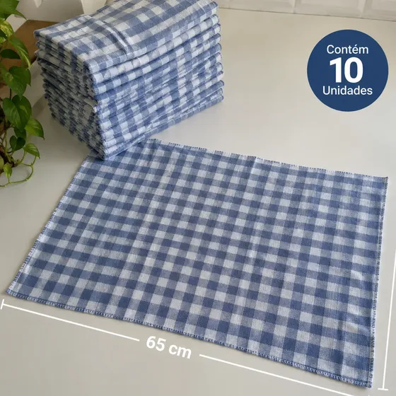 Kit 10 Pano De Chao Xadrez Azul 100 Algodao Limpeza 48x65 Cm
