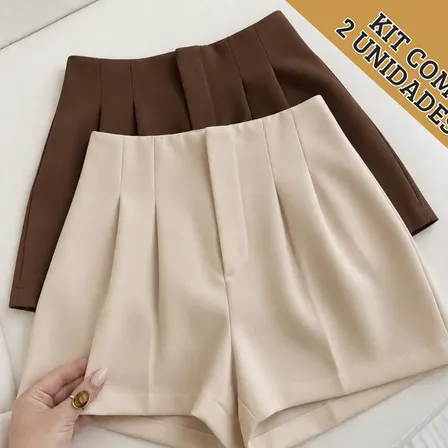 Kit 2 Shorts Feminino Cintura Alta Ziper Lateral Moda Chique Marrom E Bege Liso Gg