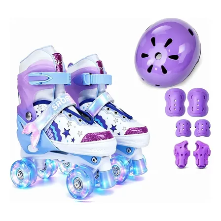 Patins Infantil 4 Rodas Quad Ajustável Com Luz Led M 63 Mm Roxo Sereia