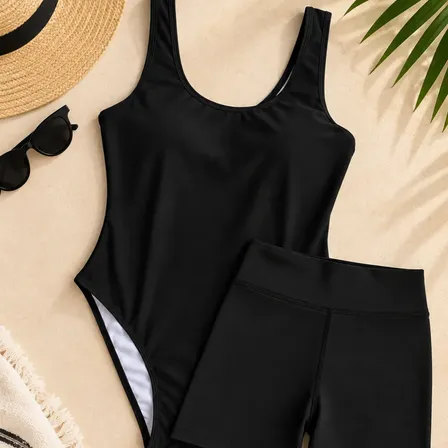 Maiô Body Feminino Costas Nua Sem Bojo + Shorts Leg Cós Alto Preto Liso Gg