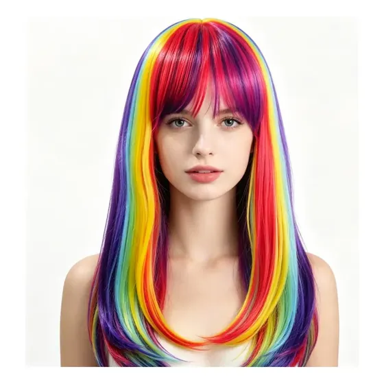 Peruca Arco-íris Colorida Longa Fantasia Carnaval Cosplay
