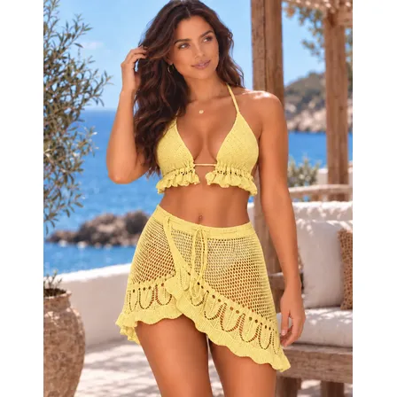 Conjunto Ísis Saída De Praia Feminina Tricô Cropped E Saia Amarelo Único 36 Ao 42