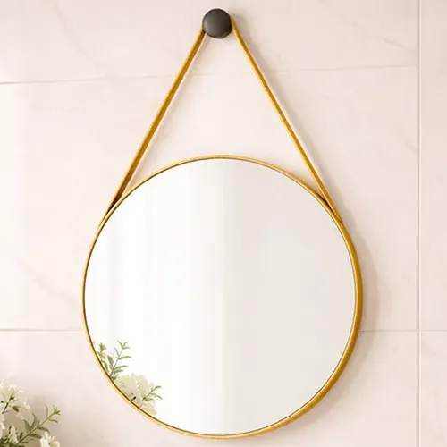 Espelho Redondo Dourado Adnet 40cm Alca Couro Com Suporte Dourado