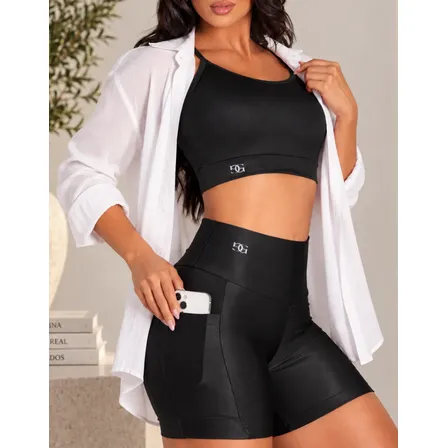 Conjunto Academia Feminino Top E Shorts Bolso Kit Fitness Preto M