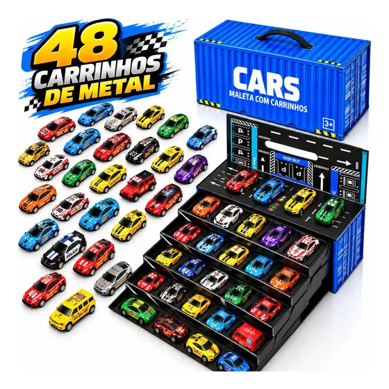 Kit 48 Carrinhos Metal Fricção 2 Pistas Container Infantil