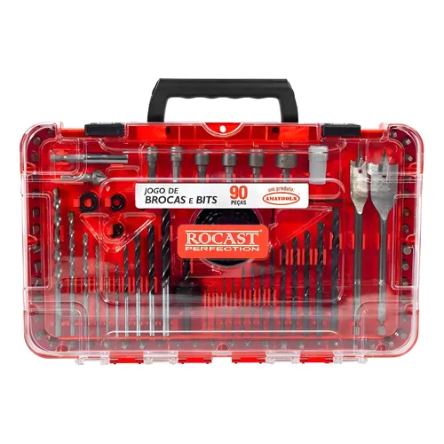 Jogo De Brocas Bits Canhão Serra Copo Completo 90 Pçs Rocast Vermelho