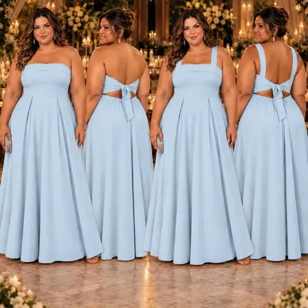 Vestido Festa Plus Size Alça Costura Longo Elegante Madrinha Azul Celeste Lisa G3 (56-58)