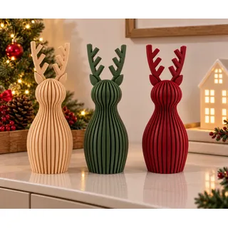 Kit 3 Renas De Natal Enfeite Decorativo Mesa Sala Bege Verde E Vermelho Ripado