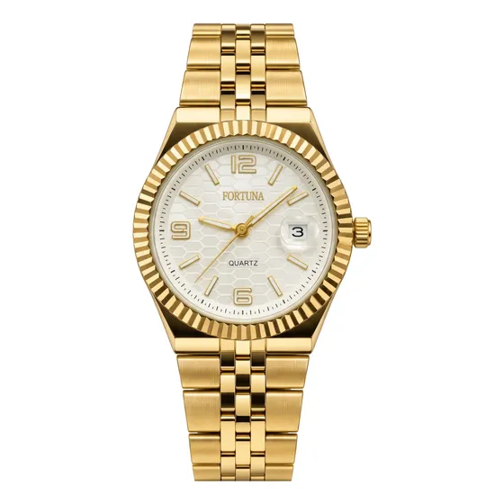 Relógio De Pulso Masculino Fortuna Old Money Minimalista Dourado Cx Branca