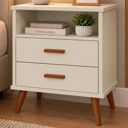 Mesa De Cabeceira Pés Palito 2 Gavetas Quarto Off White Brilhante Off White