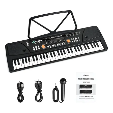 Vedo Teclado Musical Infantil 61 Teclas Gravação Microfone Preto 5v