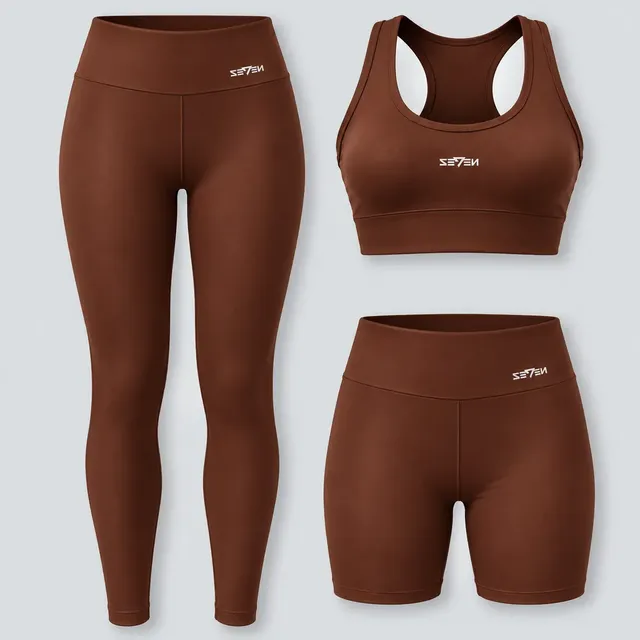 Kit Conjunto Feminino Fitness Top Nadador + Legging + Short Marrom Gg