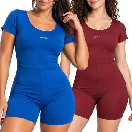 Kit Conjunto Macaquinho Fitness Academia Feminino Exercicio Bordo E Azul Royal P