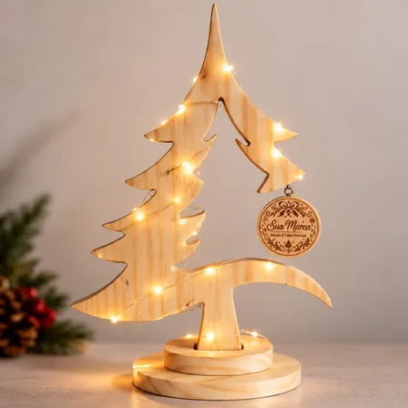 Árvore De Natal Madeira Pinus 45cm Led Personalizada De Mesa Madeira
