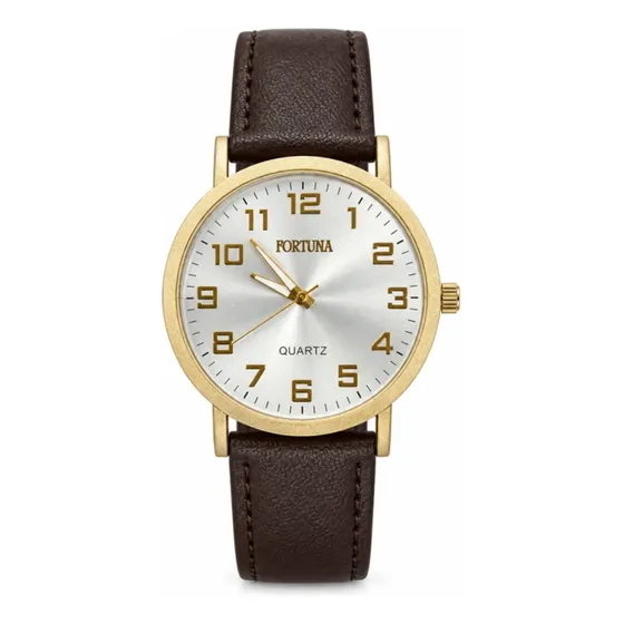 Relógio De Pulso Masculino Minimalista Old Money Fortuna Marrom Cx Dourada E Branco