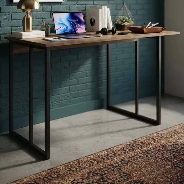 Escrivaninha Industrial Mesa Estudo Aparador Office Aço Mdf Amadeira E Preto