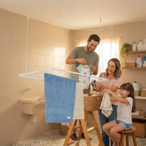 Varal De Teto Lavanderia Apartamento Tubo De Aço Até 13kg Branco