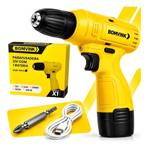 Parafusadeira Furadeira Sem Fio Bateria 12v Bivolt 10mm Led Amarelo 12 60