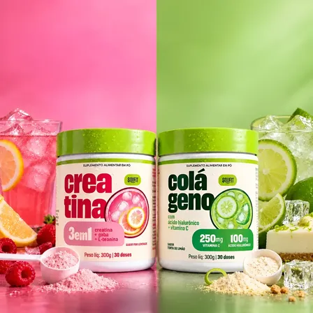 Creatina 300g 3 Em 1 + Colágeno Com Ácido Hialurônico 300g Torta De Limão