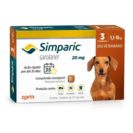 Simparic 20mg Antipulgas Cães 5 A 10kg 3 Comprimidos Zoetis Branco