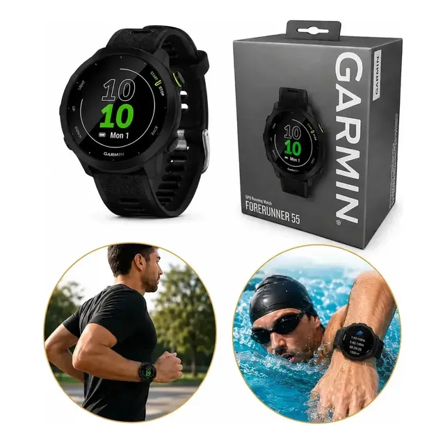 Relógio Garmin Forerunner 55 Monitor Cardíaco Gps 42mm Preto Black Mesh Preto