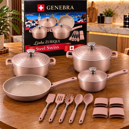 Jogo Panelas Genebra Cerâmica Antiaderente 16 Peças Indução Rosé