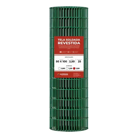 Tela Soldada 1,50x25mts Pvc Fio Grosso 2,50mm Malha 5x10cm. Verde