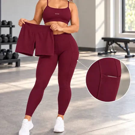 Trijunto Fitness Feminino Top Shorts Legging 3 Peças 2 Looks Bordô Gg