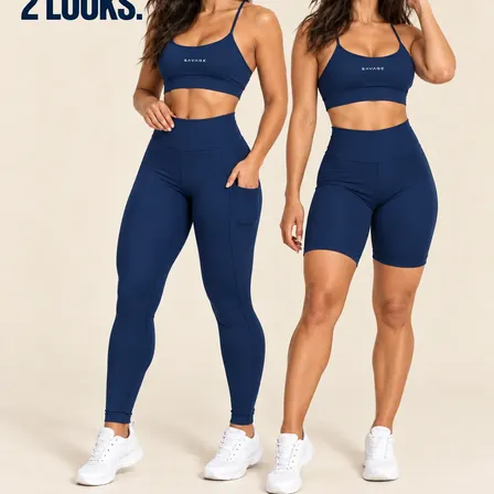 Kit Fitness Feminino: Calça Legging + Top + Shorts Cós Alto Azul-marinho Liso G