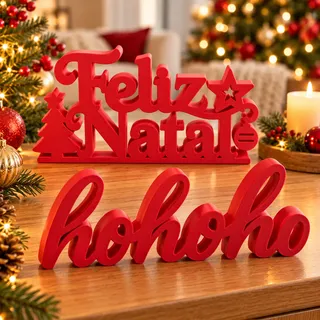 Kit Letreiro Feliz Natal + Hohoho Decoração Natalina De Mesa Vermelho Letreiro