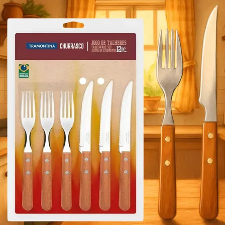 Jogo De Talheres Tramontina Churrasco Aço Inox Kit 12 Peças Marrom