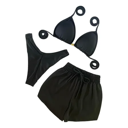 Trio De Biquíni Com Shorts Shortinho 3 Peças Promoção Preto G