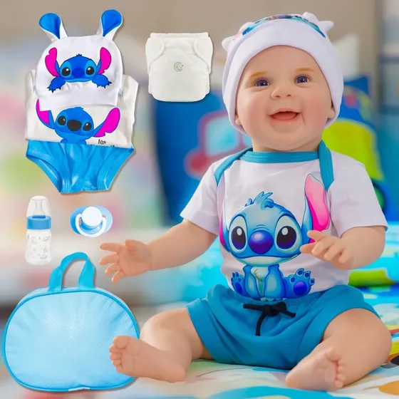 Bebê Reborn Boneco Stitch Em Silicone Com Bolsa Maternidade