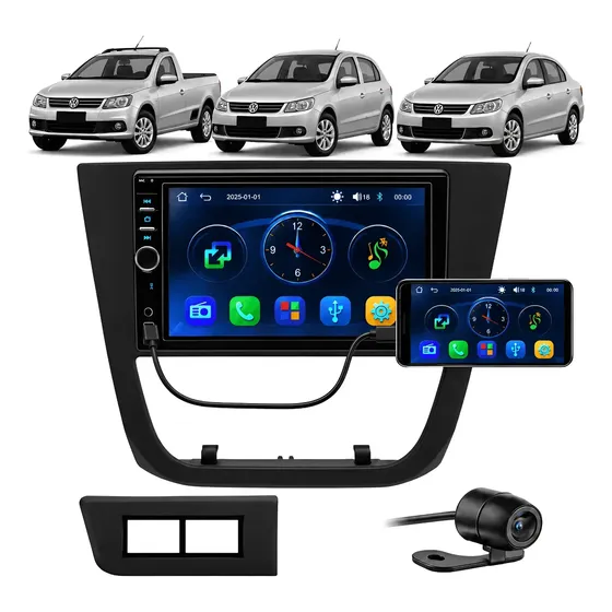 Kit Mp5 2 Din Para Volkswagen Gol G5 7 Pol Moldura Câmera Ré