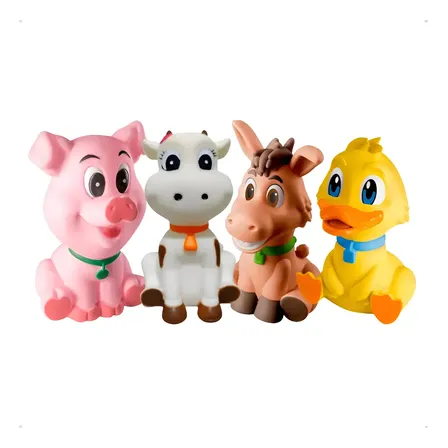 Kit Mordedores Para Bebê Brinquedo 4 Unidades De Vinil Macio Colorido Animais Da Fazenda