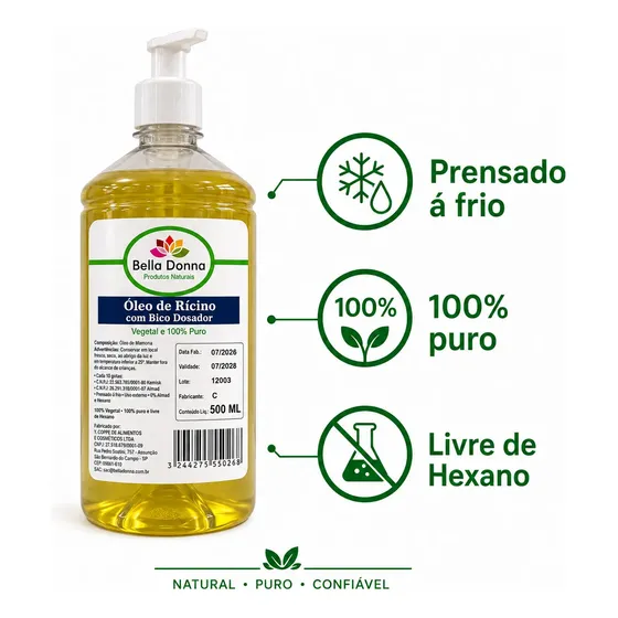 Óleo Rícino Puro 500ml C/ Bico Dispenser Fortalece Cabelos