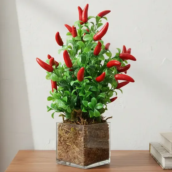 Arranjo Pimenta Pimenteira 30cm Altura Artificial Vaso Vidro
