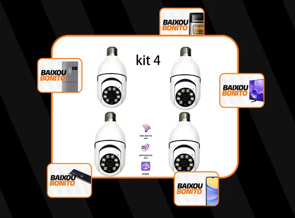 Kit 4 Câmeras Espiãs Lâmpada 1080p Wifi 360° Visão Noturna
