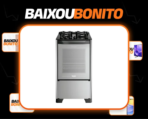 Fogão 4 Bocas Preto com Frente em Vidro Espelhado e Mesa de Vidro Dako Magister Style porta cega e Forno de 60L