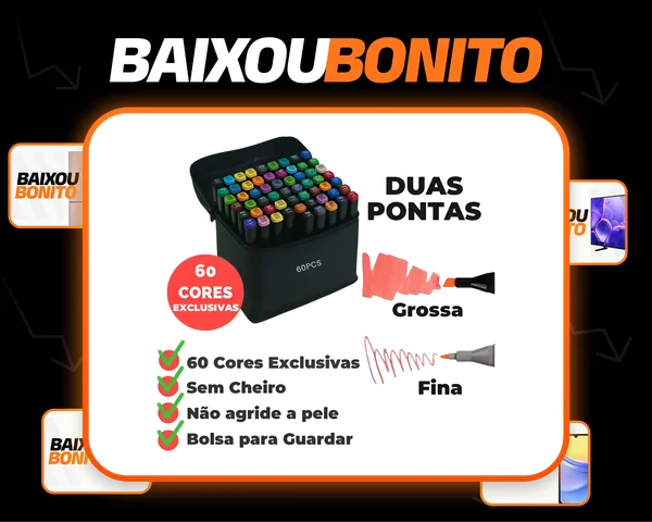 Kit 60 Cores De Canetinhas Touch Pontas Duplas Com Estojo