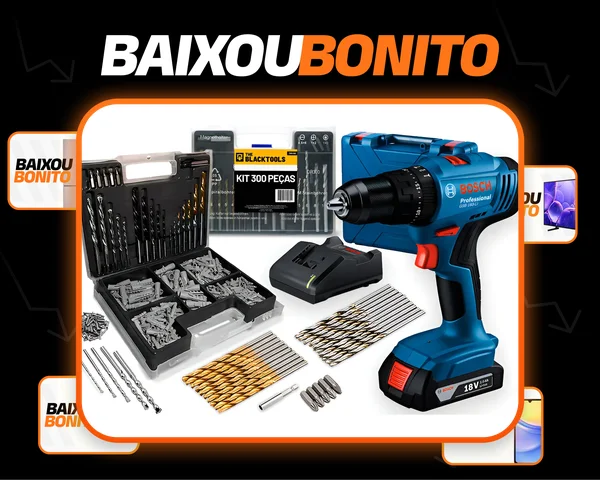 Parafusadeira E Furadeira De Impacto Bosch A Bateria 18v Maleta - Gsb 183-li Com Kit Brocas Buchas E Bits 300 Peças