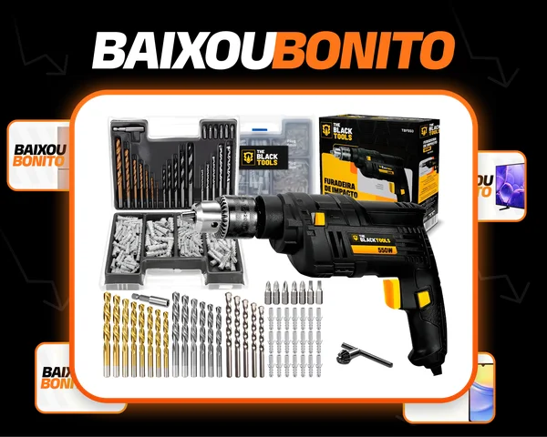 Furadeira De Impacto Elétrica 3/8 10mm 550W 2800 Rpm C/ Acessórios + Kit 300 Peças De Brocas Buchas Bits The Black Tools