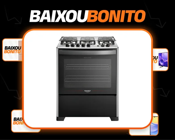 Fogão 5 Bocas Dako Magister com Mesa de Inox e Grill com Trilha Chama Preto Bivolt