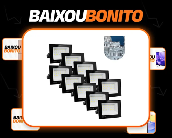 Kit 10 Refletor Led 100w Holofote Prova Dágua Frio Carcaça Preto Luz Branco-frio