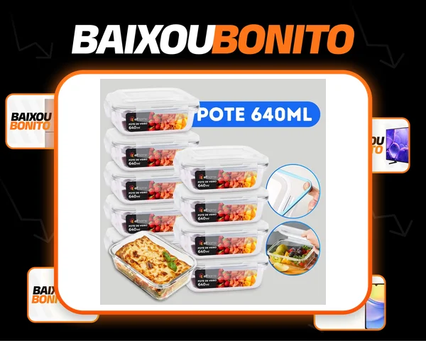 Conjunto 10 Potes 640ml Vidro Hermético 4 Travas Marmita