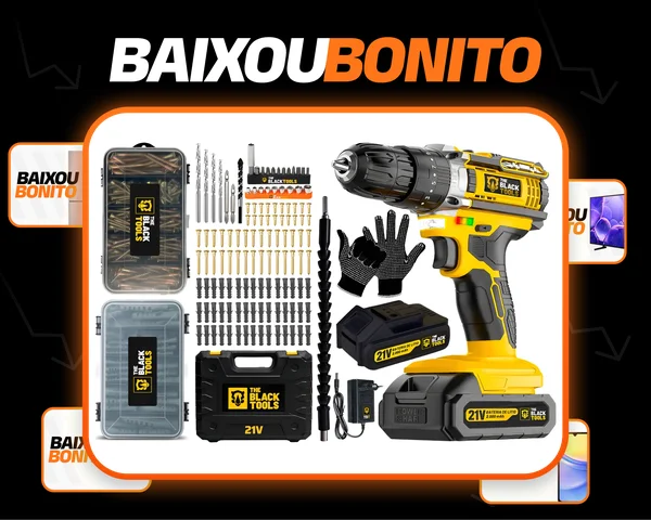 Parafusadeira Furadeira De Impacto 21v Bateria 2ah C/ Maleta The Black Tools + Kit Estojo Parafusos E Buchas + Luvas