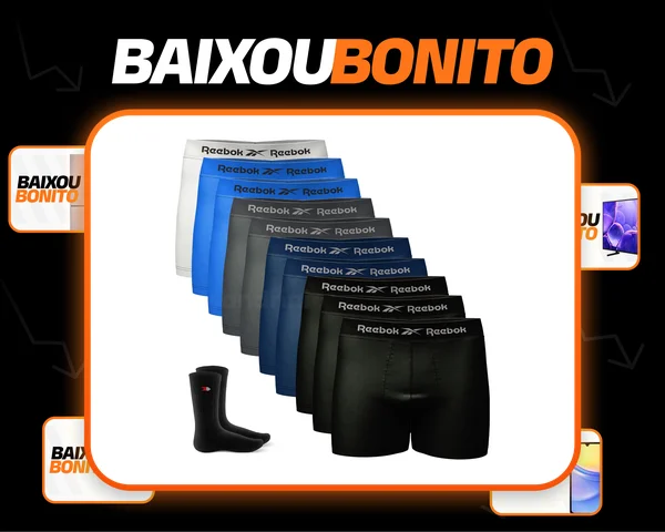 Kit 10 Cueca Boxer Reebok Sem Costura Box + 1 Par De Meias