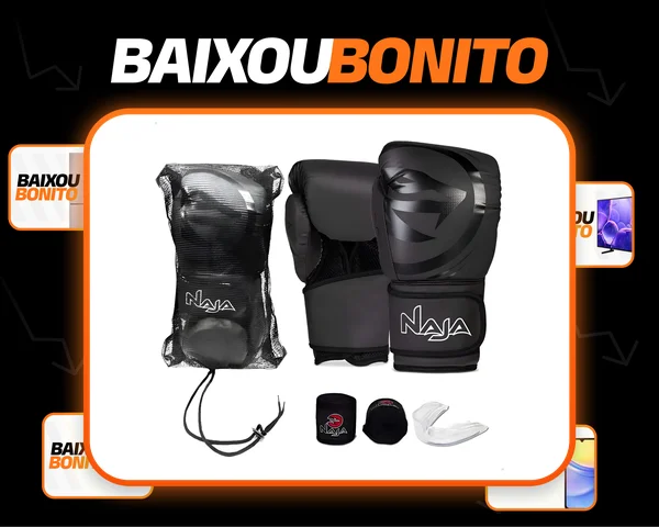 Kit Luva Muay Thai Boxe Naja Black Line Com Bucal E Bandagem Cor Preto Tamanho 12oz