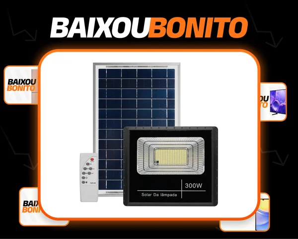 Refletor Solar led holofote 300w placa bateria prova dágua carcaça preto luz branco-frio